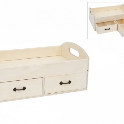 Estrado de cama de madeira clara com duas gavetas e puxadores pretos