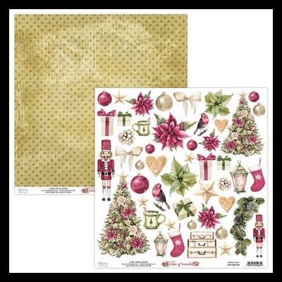 Papel de scrapbook com padrão dourado e ilustrações natalinas coloridas em fundo branco.