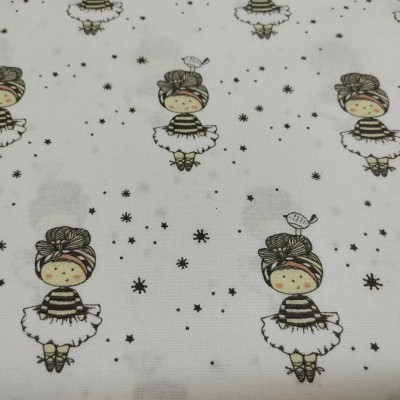 Tecido branco com padrão de meninas bailarinas e estrelas pretas