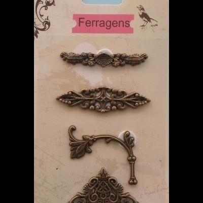Conjunto de ferragens decorativas em metal bronze envelhecido em cartão com texto Ferragens