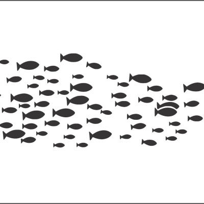 Stencil branco com vários peixes pretos organizados em forma de peixe maior