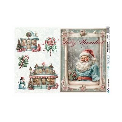 Folhas decorativas de papel para decoupage com imagens natalícias vintage e texto FELIZ NAVIDAD
