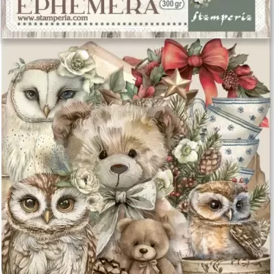 Cartela de ephemera adesiva com desenhos de corujas, ursos, flores, laço e tigelas.