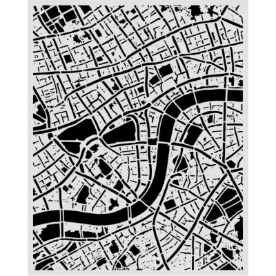 Mapa estilizado preto e cinza de cidade com estradas e rios