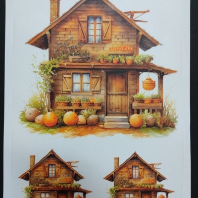 Ilustração de casa de madeira rústica com plantas e abóboras