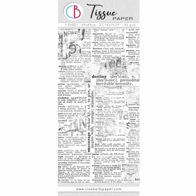 Papel de seda com padrão de texto impresso a preto em embalagem branca