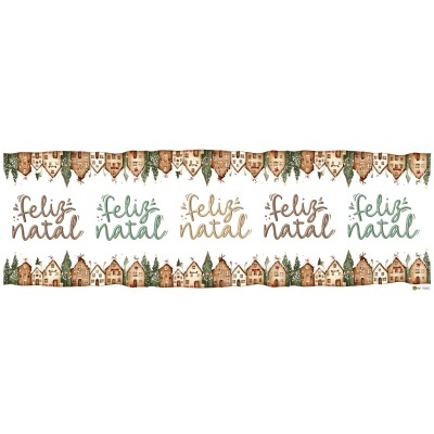 Fita decorativa de Natal com casas castanhas, árvores e texto 