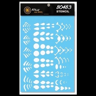 Stencil azul com formas geométricas brancas e embalagem preta com texto ATILA for hobby 80483 STENCIL