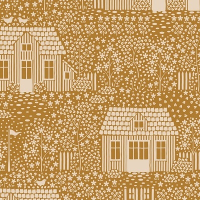 Padrão repetitivo de papel de parede com casas pequenas e flores em amarelo mostarda e creme