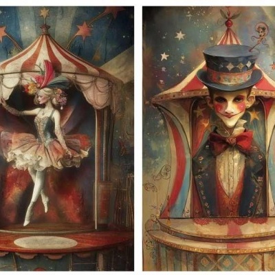 Duas imagens artísticas de circo vintage, bailarina e palhaço em palco decorado