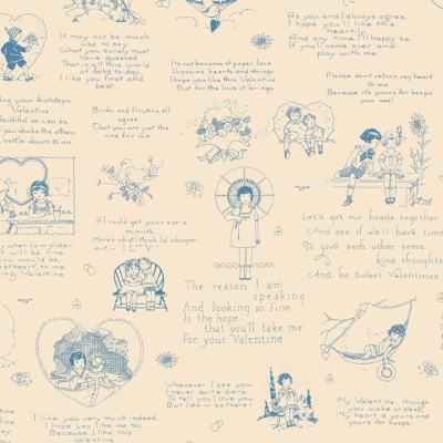 Papel de embrulho com ilustrações e poemas de dia dos namorados em tons azuis e creme