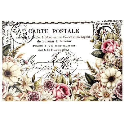 Postal vintage com flores coloridas e texto francês