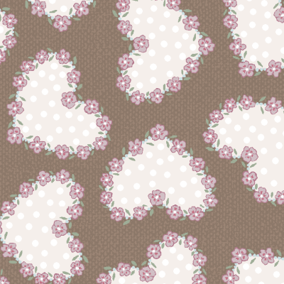 Padrão repetido de corações brancos com bolinhas e flores cor de rosa fundo castanho