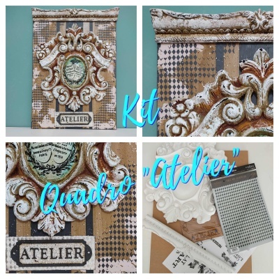 Quadro decorativo 'Atelier' com ornamentos e padrões em tons castanho, branco e preto.