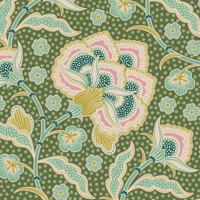 Padrão floral colorido em papel de parede verde com flores grandes rosa, amarelas e azul-verde.