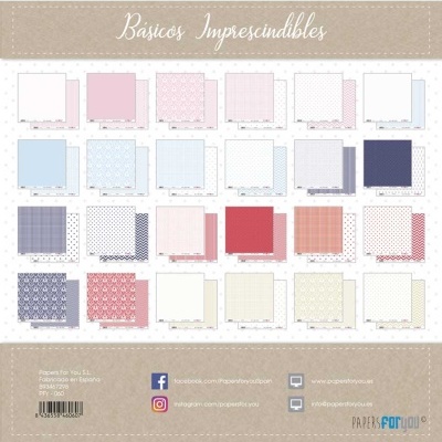 Amostras de papéis decorativos para scrapbooking com vários padrões e cores, organizadas em painel com texto e contactos da marca
