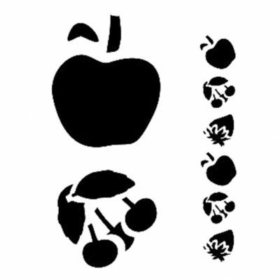 Silhuetas pretas de maçã, cerejas e folha sobre fundo branco