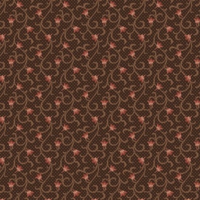 Tecido castanho com padrão floral rosa e detalhes castanhos claros e beje