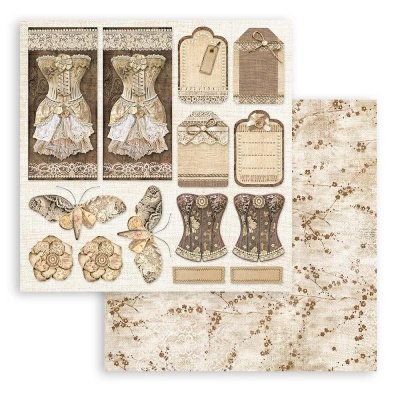 Papel decorativo para scrapbook com corpetes vintage, borboletas e etiquetas em tons creme e castanho