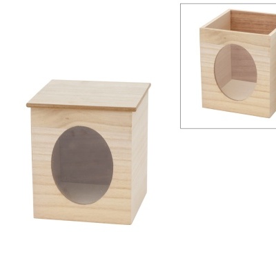 Casa para animais de madeira com abertura oval e tampa removível