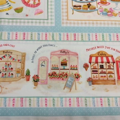 Ilustrações de três pequenas pastelarias com texto em inglês e detalhes decorativos em fundo listrado azul e branco.