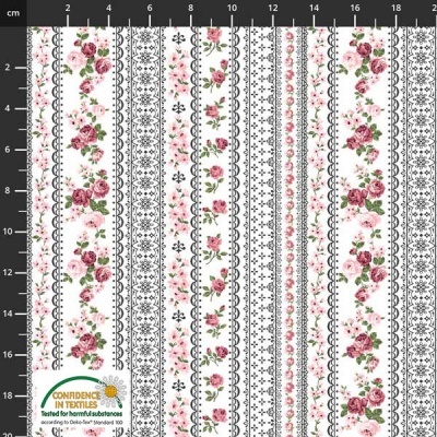 Tecido com padrão floral e listras decorativas em rosa, vermelho, preto e branco