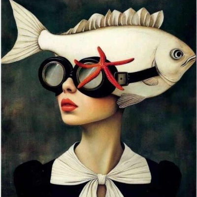Pessoa com chapéu de peixe e óculos com estrela-do-mar