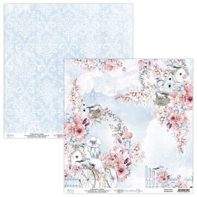 Papel decorativo dupla face floral com bicicleta, flores e casinhas de pássaros