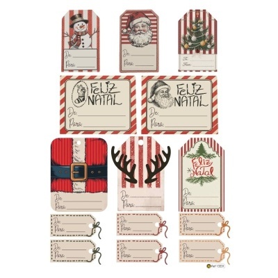 Conjunto de etiquetas de presente natalícias com vários desenhos e espaços para dedicações