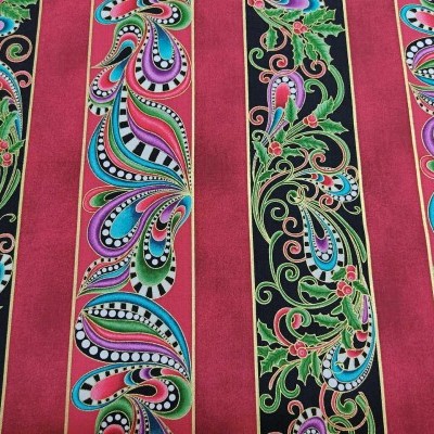 tecido listrado com padrão floral e arabescos coloridos