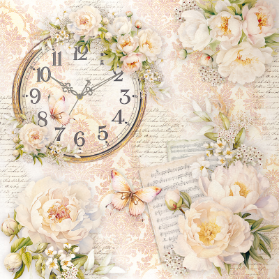 Relógio vintage com flores, borboletas e partituras em fundo floral e texto manuscrito.