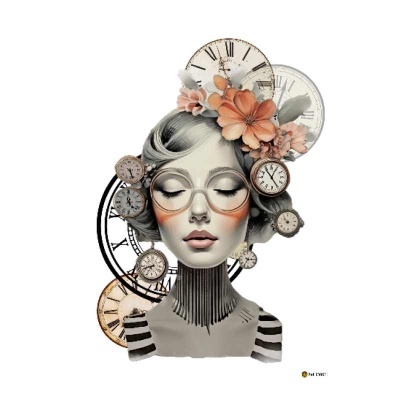 Desenho de mulher com flores e relógios em torno da cabeça