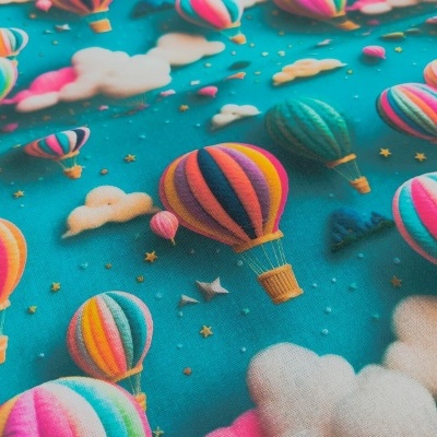 Padrão de tecido com balões de ar quente coloridos e nuvens em fundo azul