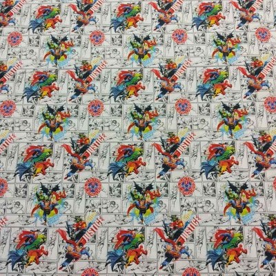 Tecido estampado com quadrinhos coloridos de super-heróis e texto Marvel