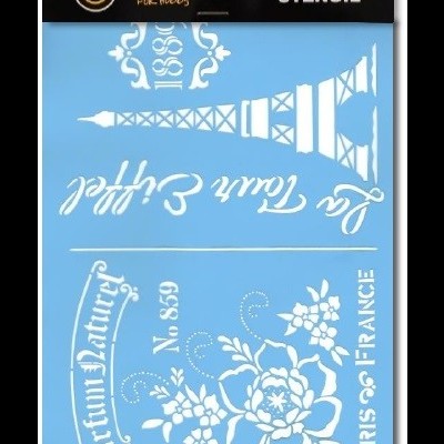 Stencil azul com desenhos brancos da Torre Eiffel, flores e texto em francês