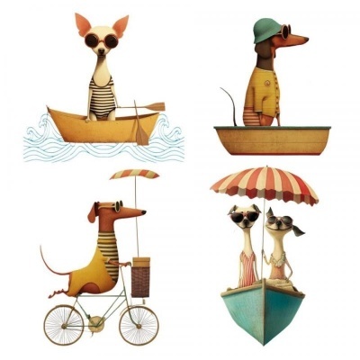 Desenho de cães em barcos e bicicleta com guarda-chuvas e óculos de sol.