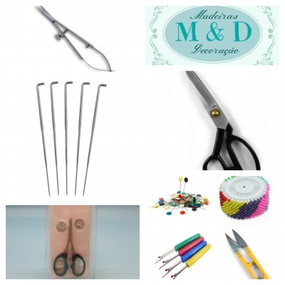 Ferramentas de costura incluindo agulhas, alfinetes, tesouras e descosedor, com logo Madeiras M & D Decoração