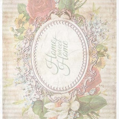 Papel decorativo floral vintage com texto central Home Sweet Home e moldura oval