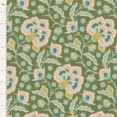 tecido com padrão floral verde rosa azul amarelo com régua para escala