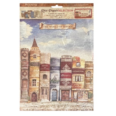 Pacote de papel de arroz com ilustração de edifícios em forma de livros vintage