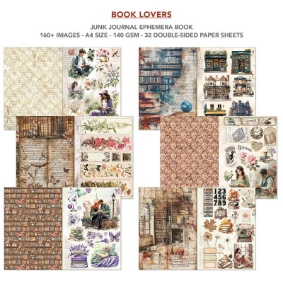 Conjunto de folhas decorativas para scrapbooking com tema livros e vintage