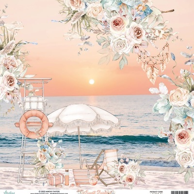 Papel de parede decorativo com ilustração de praia ao pôr do sol e flores pastel