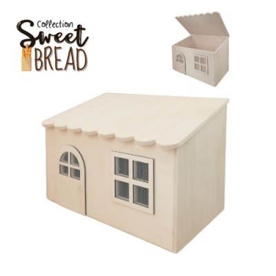 Casa de madeira clara com janela e porta e tejadilho ondulado da coleção Sweet Bread