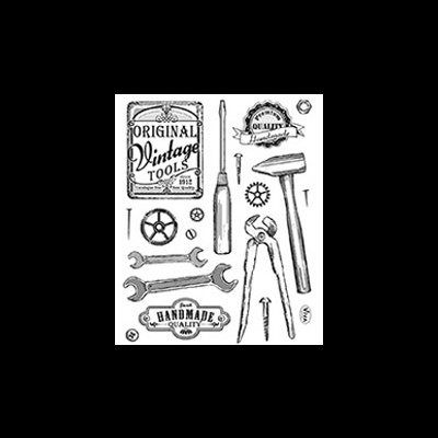 Ferramentas manuais vintage em preto e branco com textos decorativos