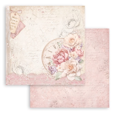 Papel decorativo para scrapbook com padrão floral e relógio antigo