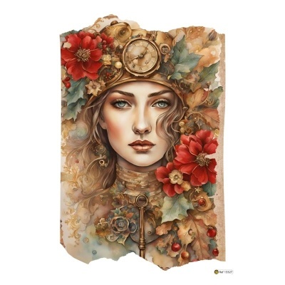 Retrato artístico de mulher com relógio e flores