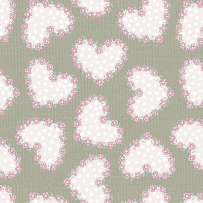 Padrão de corações brancos com bolinhas e flores rosas sobre fundo cinza