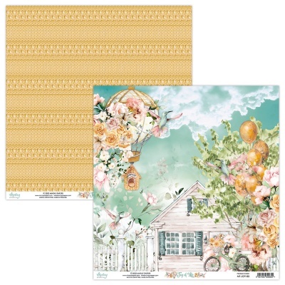 Papel de scrapbook com lado ilustrado de casa e flores, verso com padrão amarelo texturizado