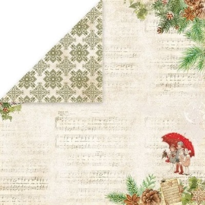 Papel decorativo com motivos de Natal, padrão floral verde, partitura musical e crianças com guarda-chuva vermelho.