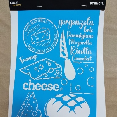 Stencil azul com desenhos e textos em branco de tipos de queijo e utensílios